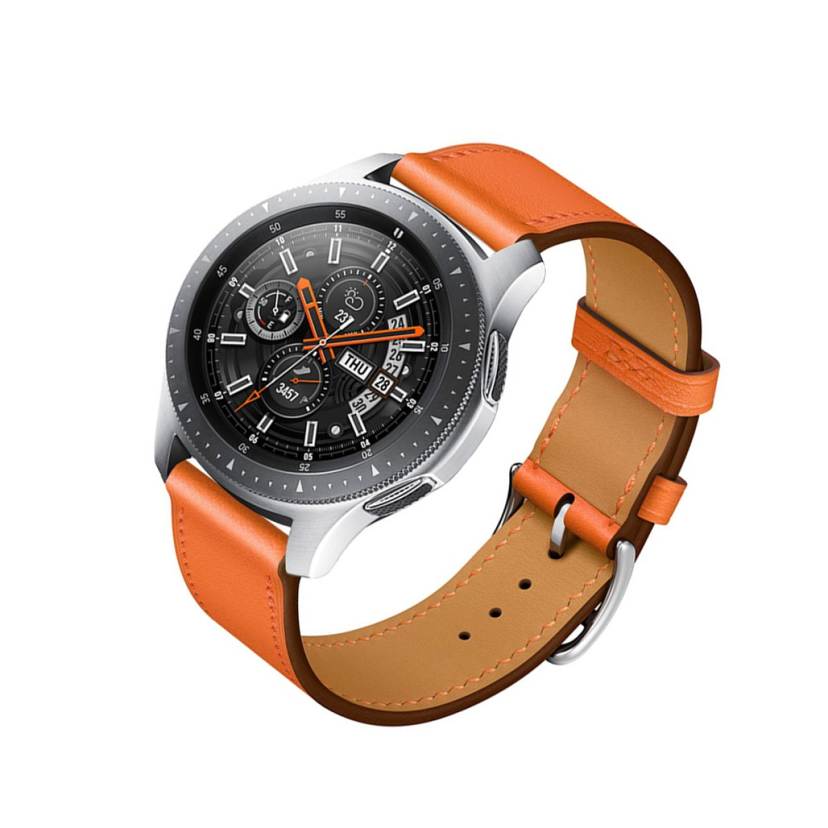 Silberne Smartwatch mit orangefarbenem Lederarmband, schwarzem Zifferblatt.