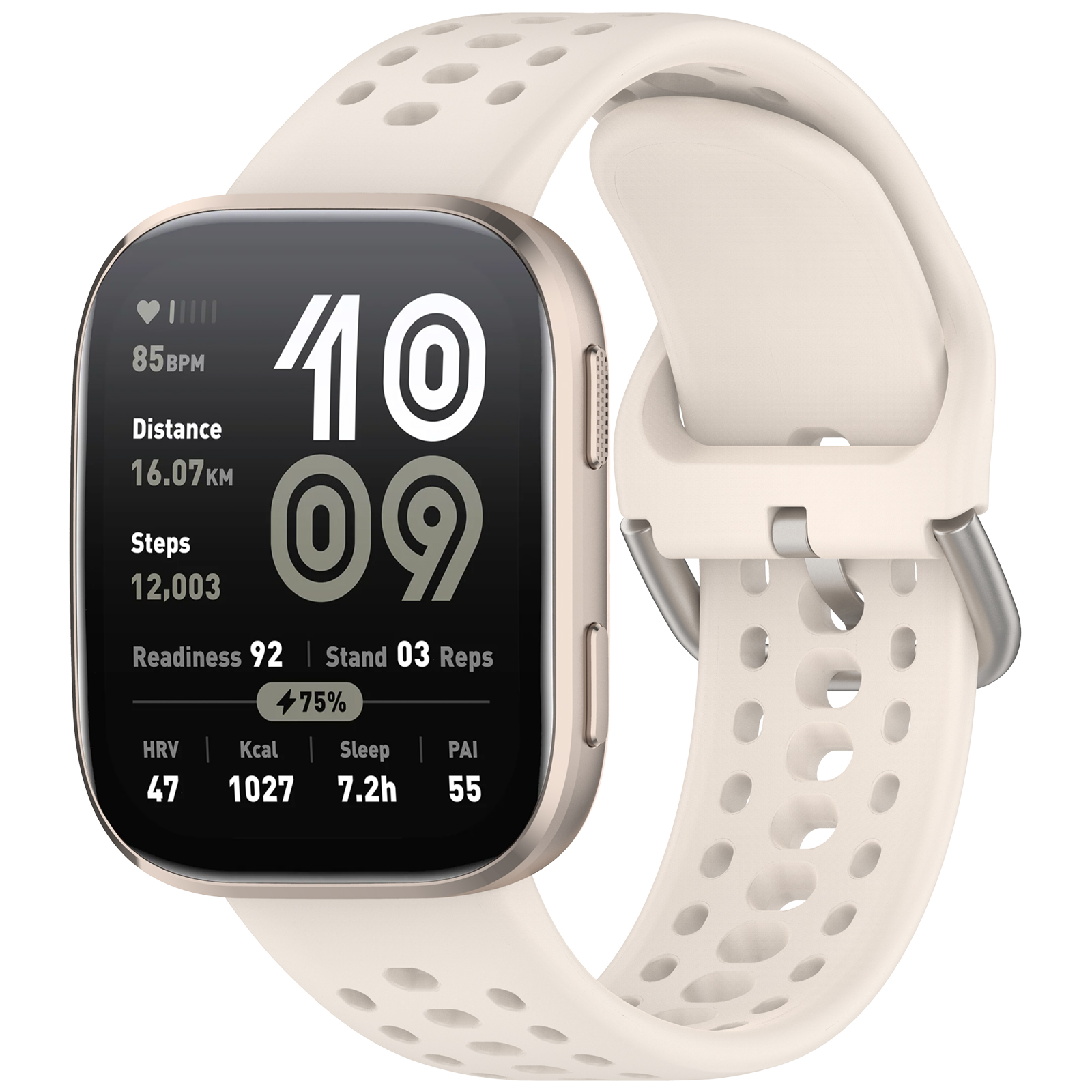 Uno smartwatch color crema mostra dati sanitari come battito cardiaco, passi e sonno.