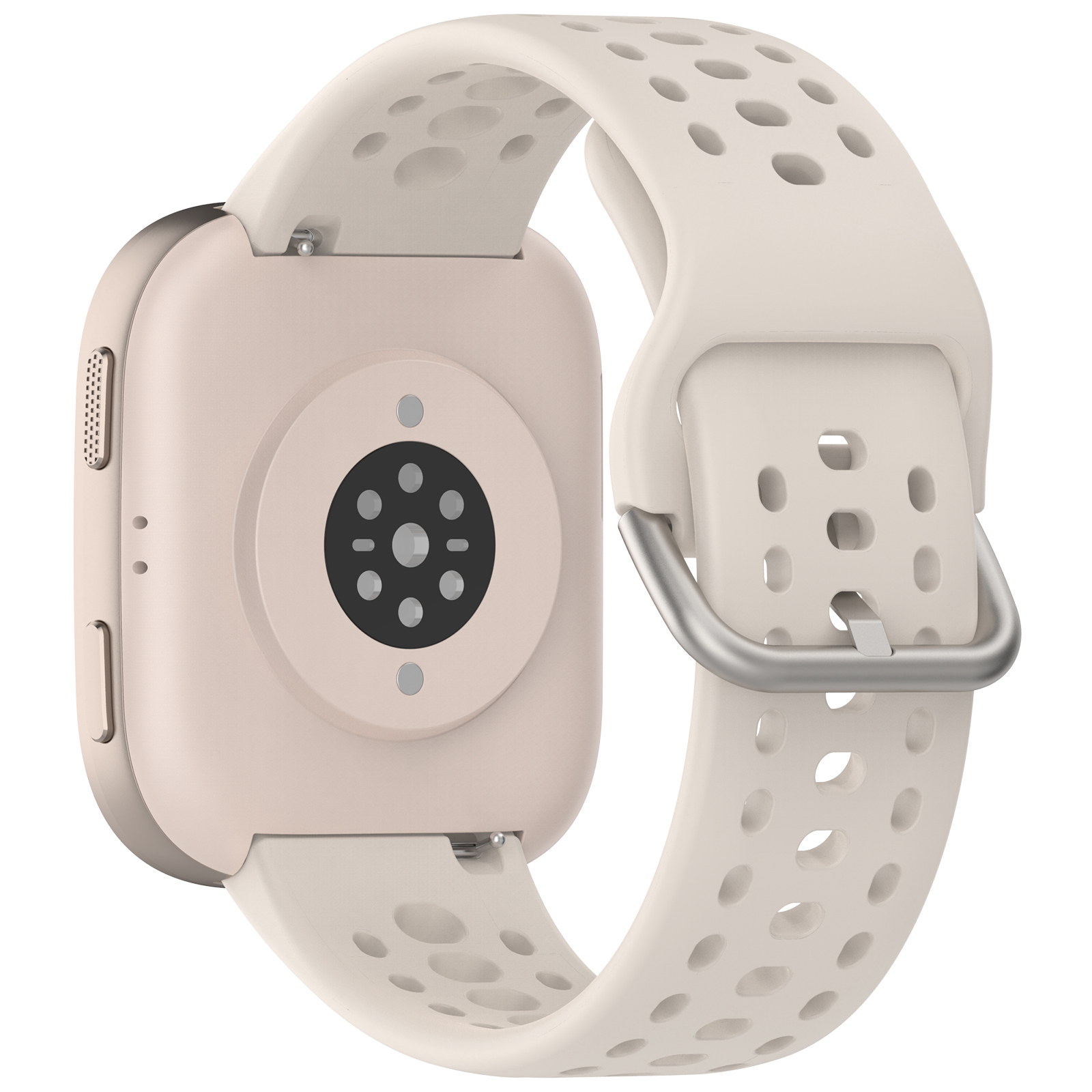 Retro di uno smartwatch beige chiaro con sensore di frequenza cardiaca e cinturino traforato.