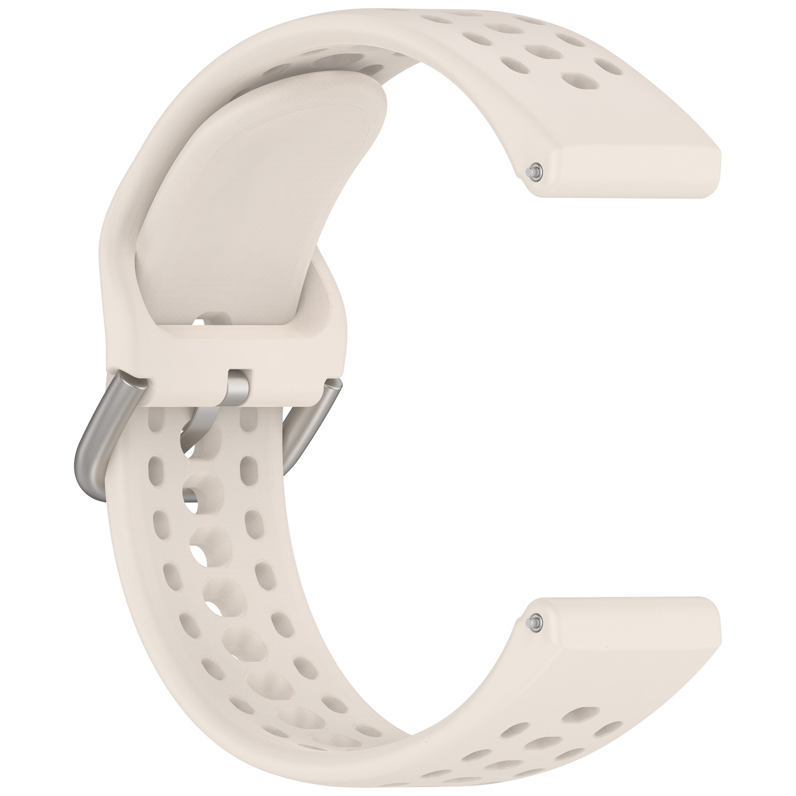 Un cinturino per orologio color crema con fori e fibbia metallica.