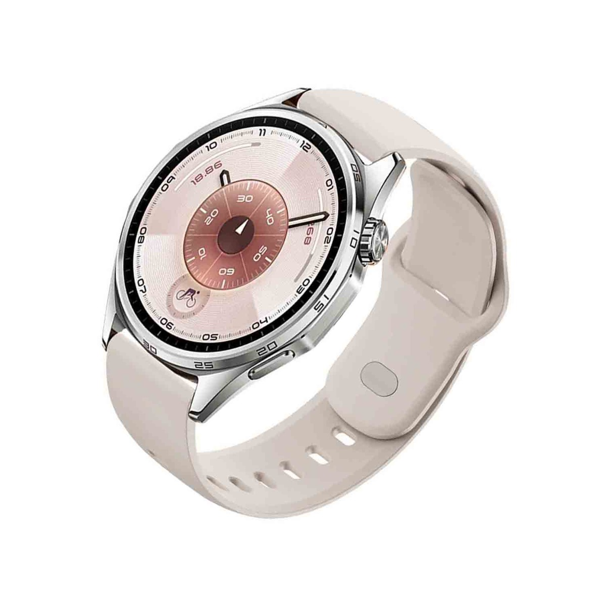 Eine cremefarbene Smartwatch mit silbernem Gehäuse und rundem Zifferblatt.