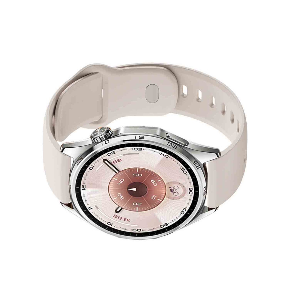 Eine beige Smartwatch mit silbernem Gehäuse und rundem Display.