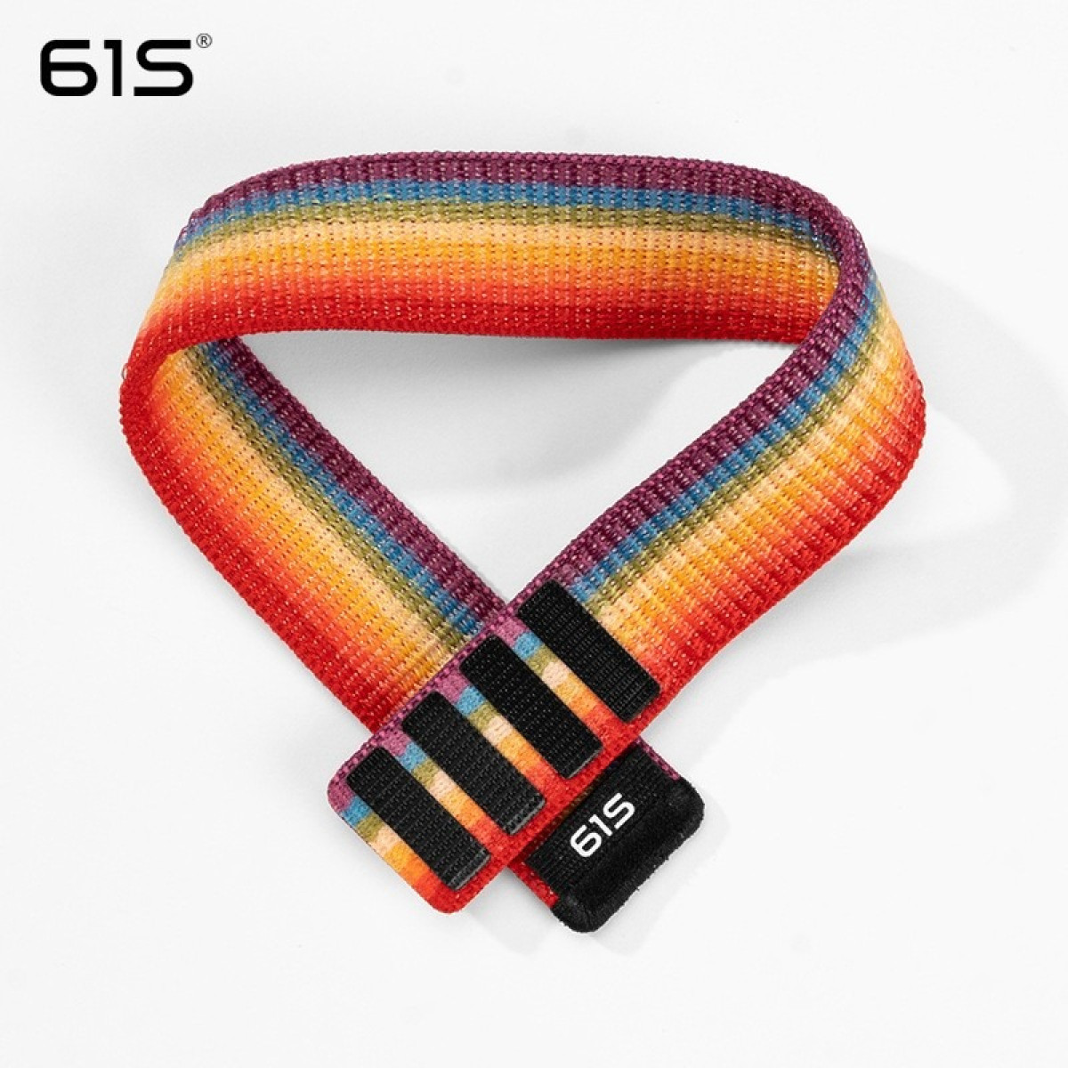 Ein regenbogenfarbenes Stoffband mit schwarzen Klettverschlüssen und einem '61S'-Logo.