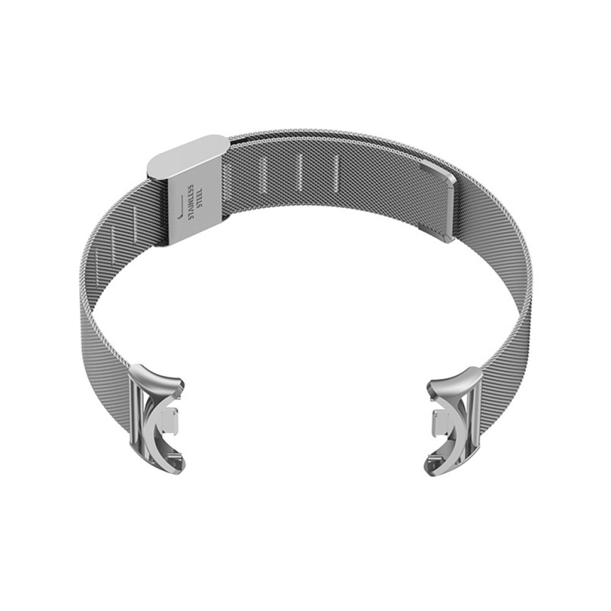 Silbernes Mesh-Uhrenarmband mit Schließe und Befestigungspunkten.