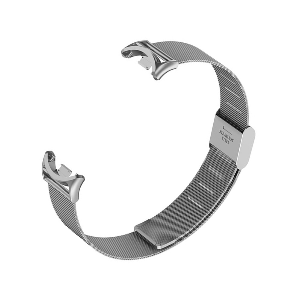 Ein silbernes Edelstahl-Armband mit Netzstruktur und Hakenverschluss.