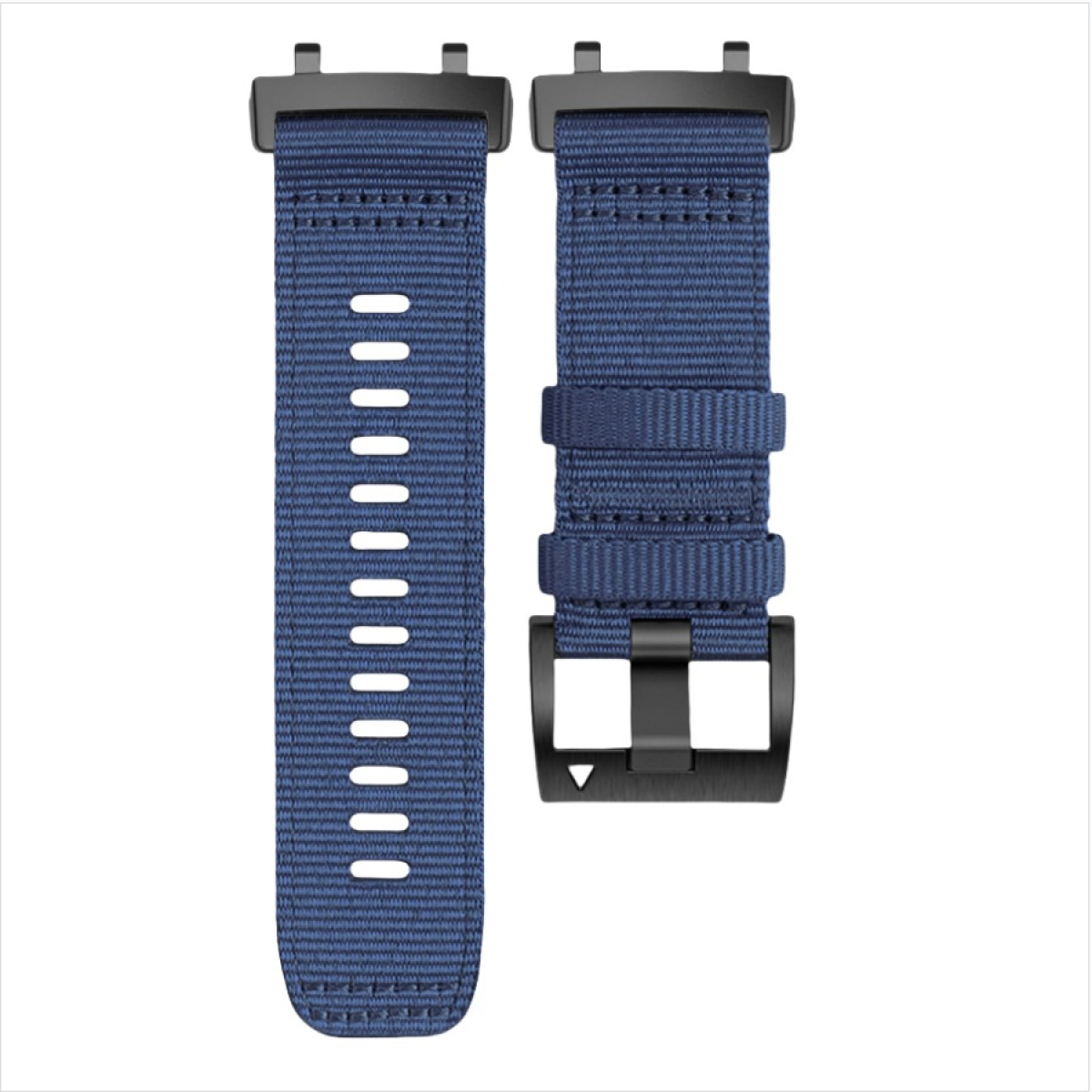 Zwei marineblaue Stoff-Uhrenarmbänder mit schwarzen Metallschnallen auf weißem Grund.