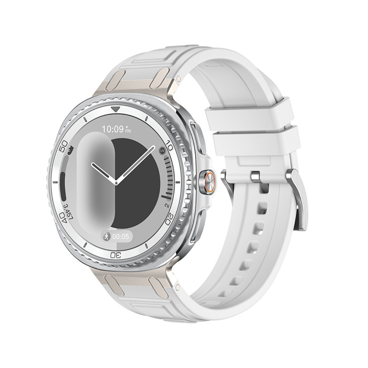 Uno smartwatch bianco con cassa argentata e display digitale.
