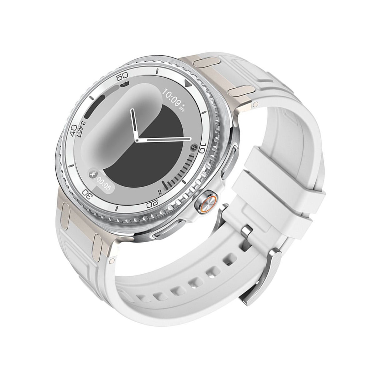 Uno smartwatch bianco con lunetta argentata e display digitale. L'ora è 10:09.