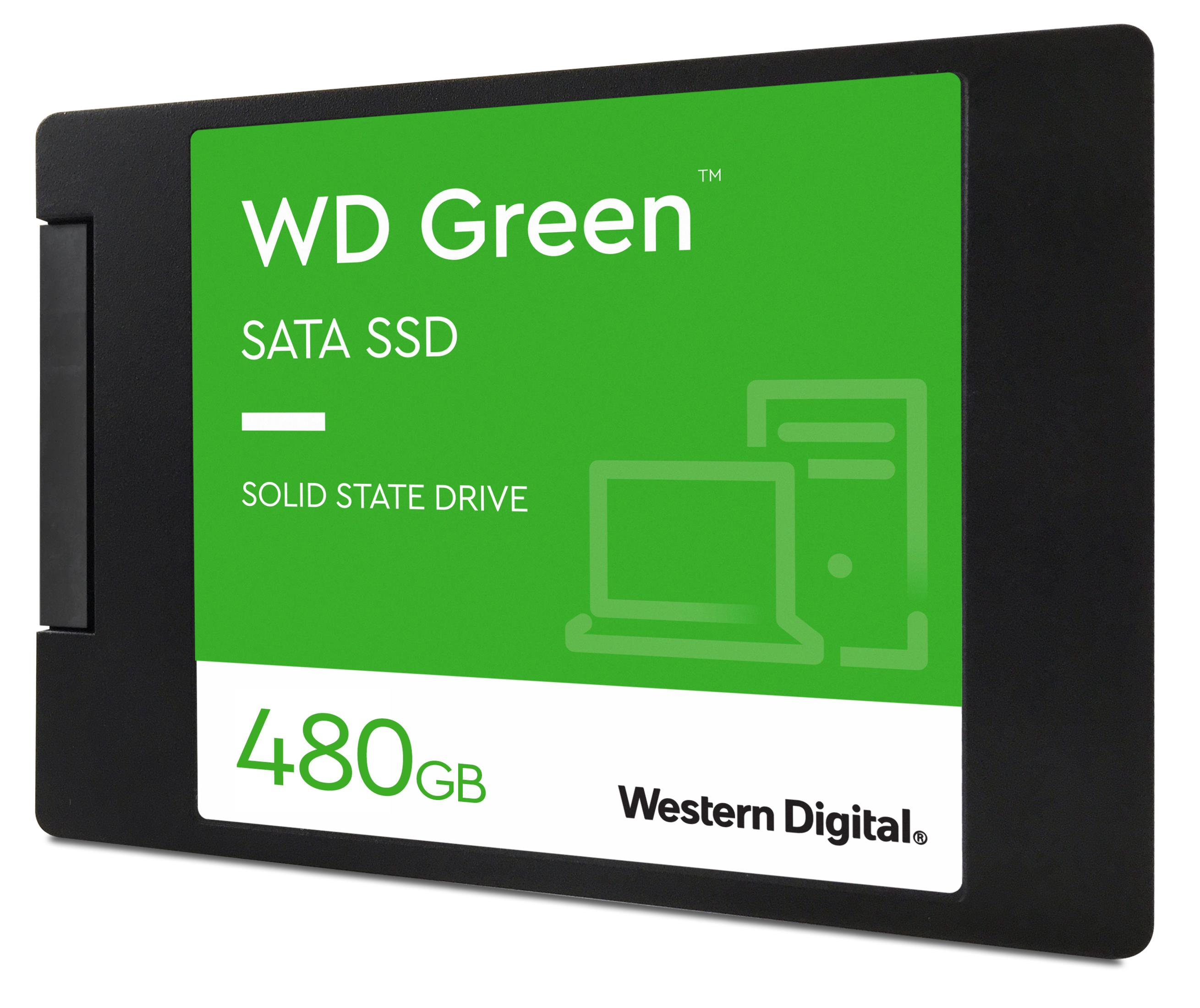 SSD SATA WD Green da 480GB con logo Western Digital e icona PC.