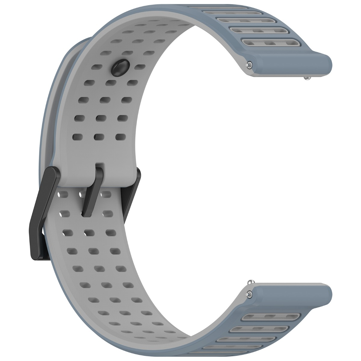 Ein zweiteiliges graues und blaues Armband mit Belüftungslöchern und einer Schnalle.