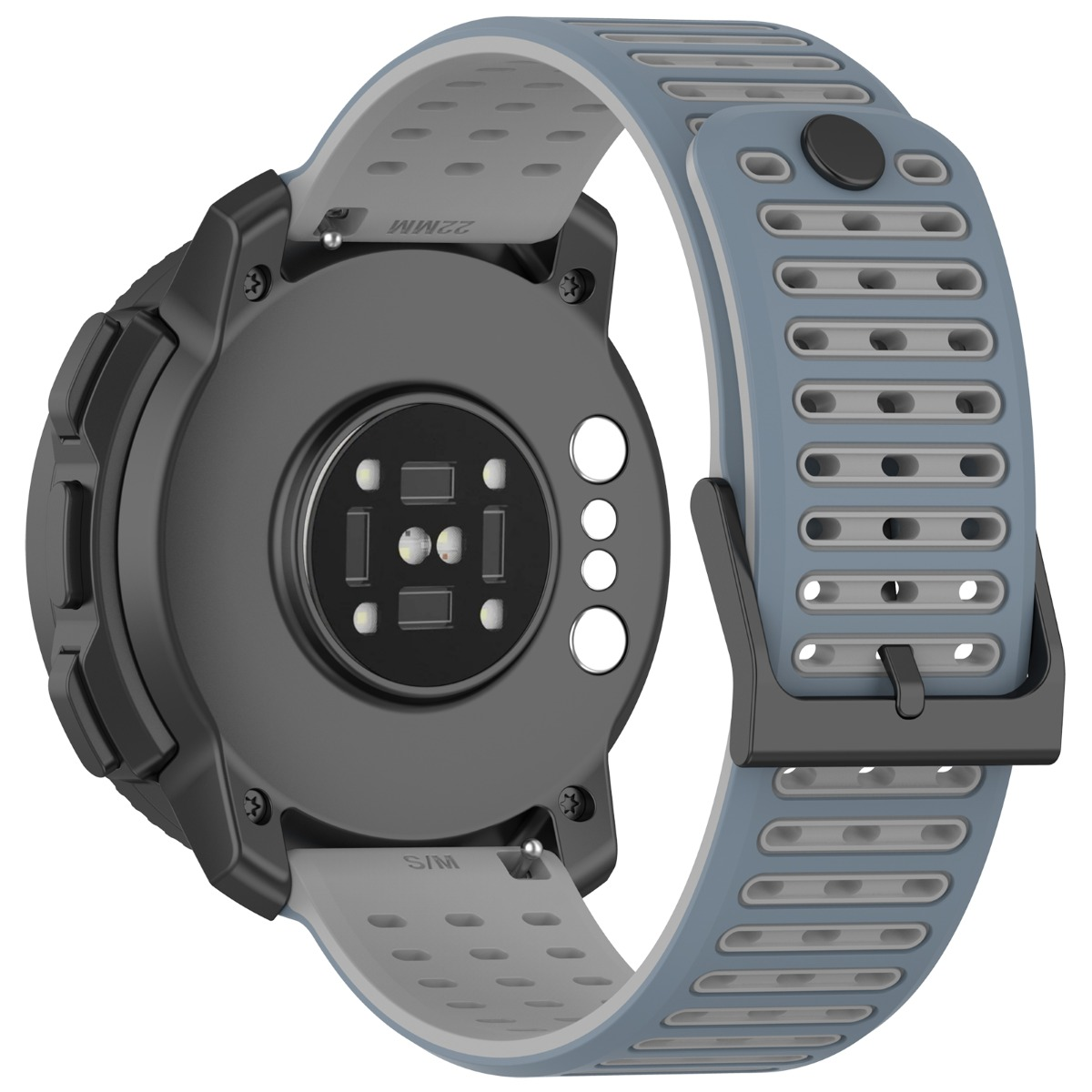 Rückseite einer graublauen Smartwatch mit Herzfrequenzmesser und Lünette.