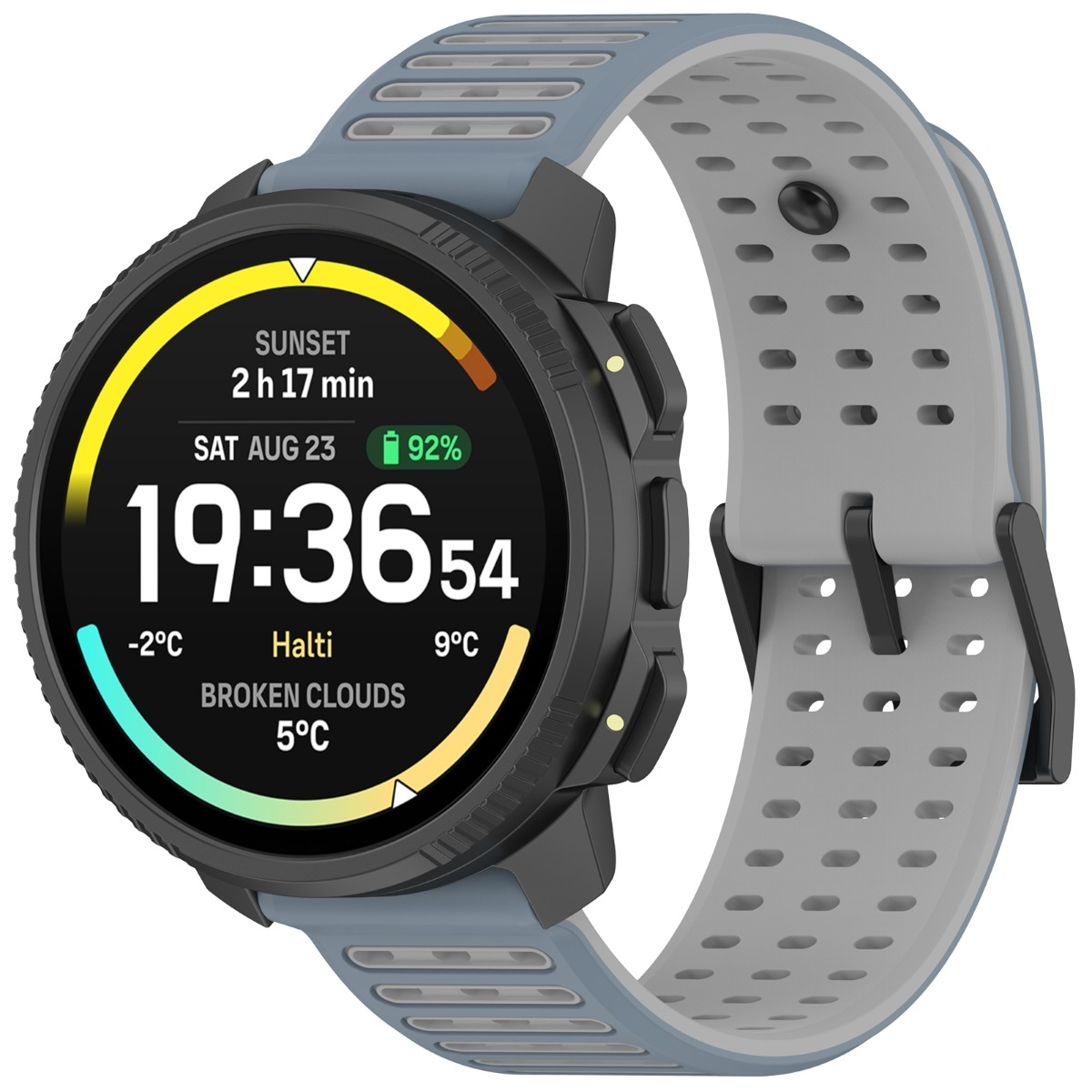 Eine Smartwatch mit blauem und grauem Armband zeigt 19:36 Uhr, Wetterdaten und Sonnenuntergang.