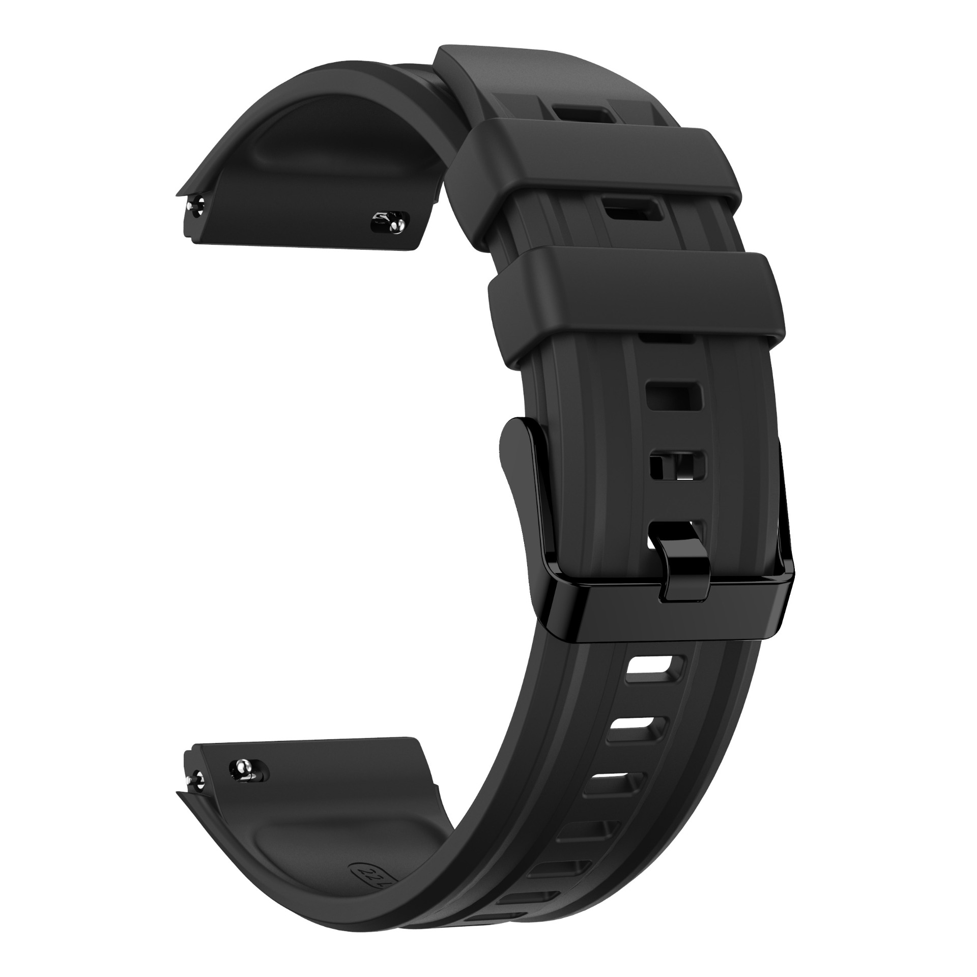 Schwarzes Uhrenarmband aus Gummi mit Metallschnalle und Stiften.