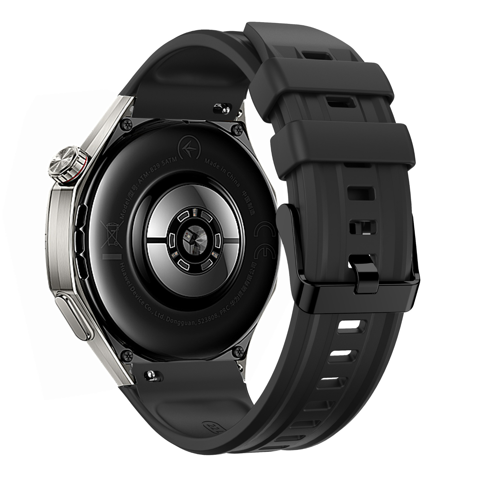 Rückseite einer schwarzen Smartwatch mit silbernem Gehäuse und schwarzem Armband.