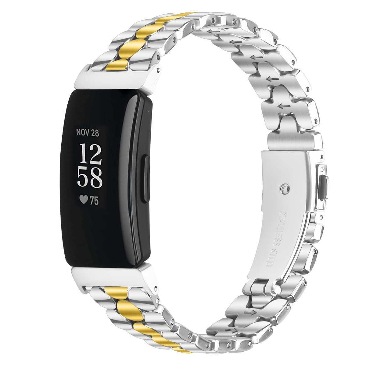 Ein silbernes und goldenes Armband mit einem schwarzen Smartwatch-Display, das Zeit anzeigt.