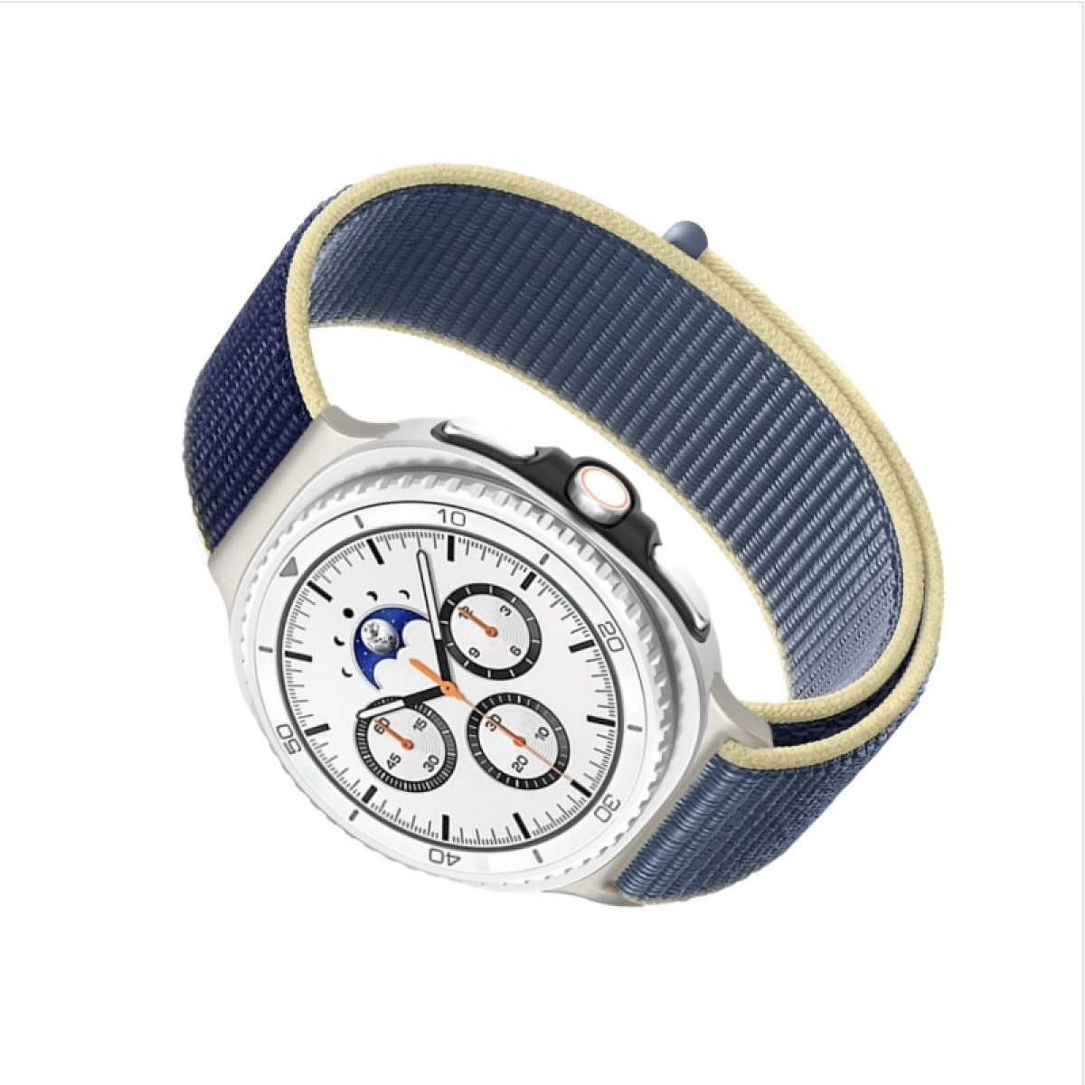Eine stilvolle Smartwatch mit weißem Zifferblatt, Mondphasenanzeige und blauem Band.