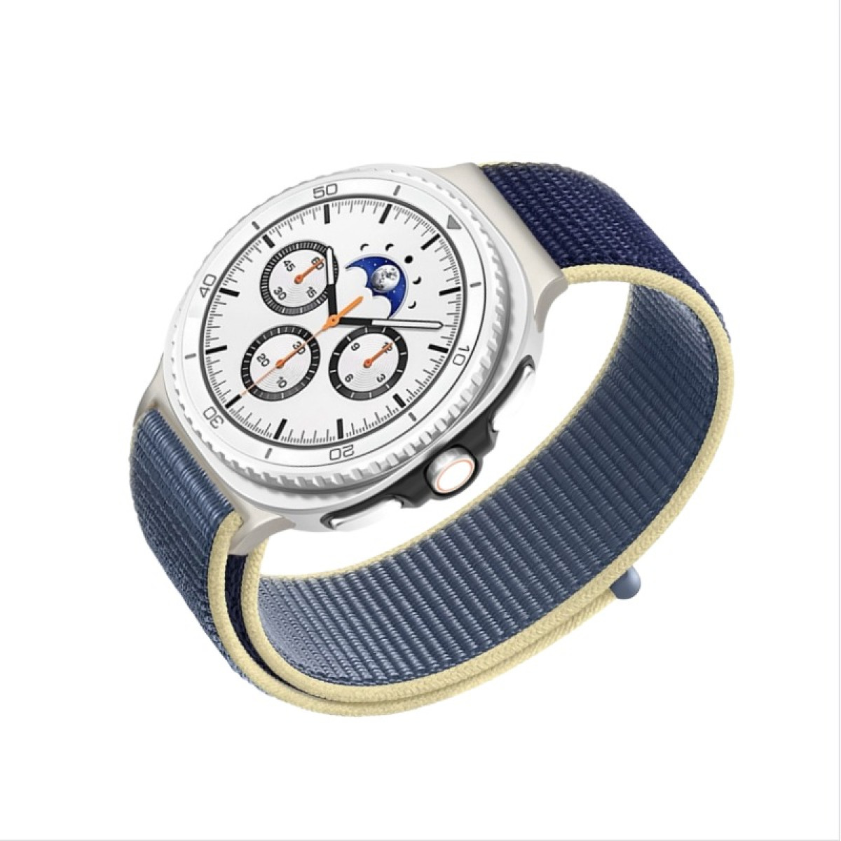 Silberne Smartwatch mit blauem Stoffarmband und weißem Zifferblatt mit Mondphase.