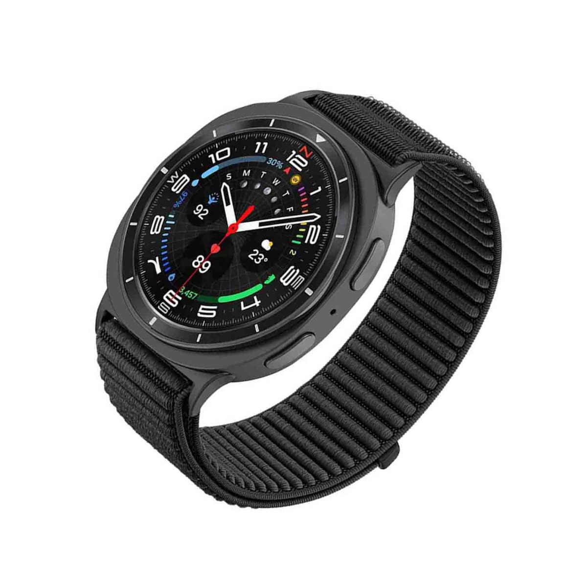 Eine schwarze Smartwatch mit digitalem Zifferblatt zeigt Uhrzeit, Wetter und Aktivitätsstatistiken an.