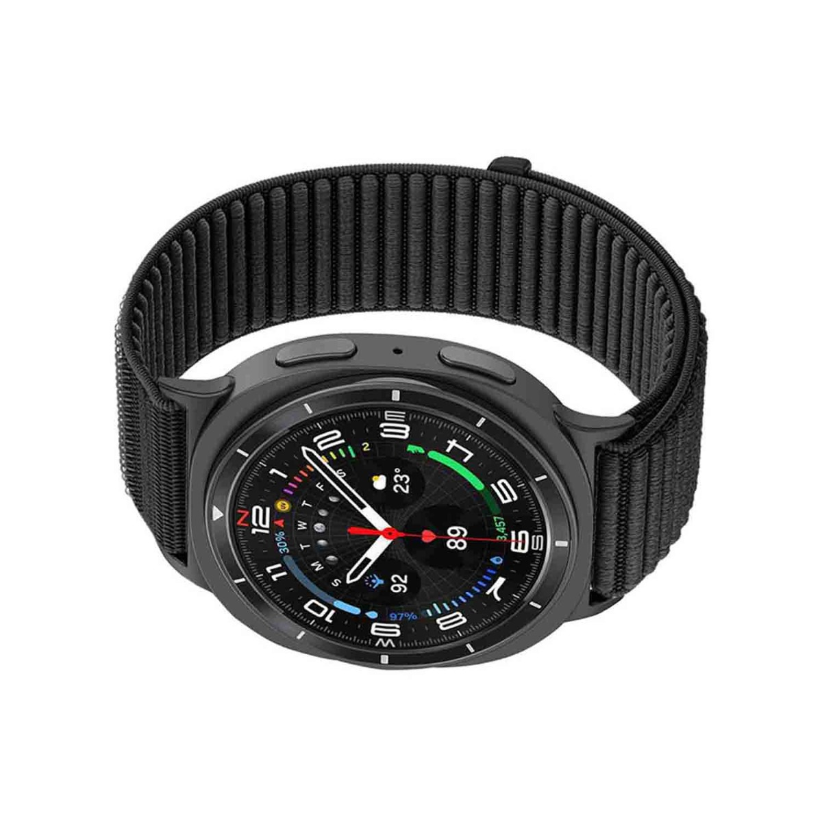Eine schwarze Smartwatch mit schwarzem Stoffarmband und digitaler Anzeige.