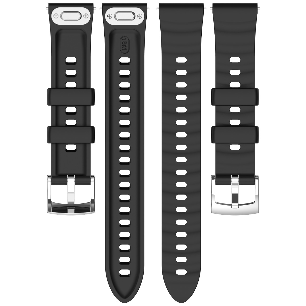 Zwei schwarze Uhrenarmbänder mit Silberschnallen und Lochmuster.