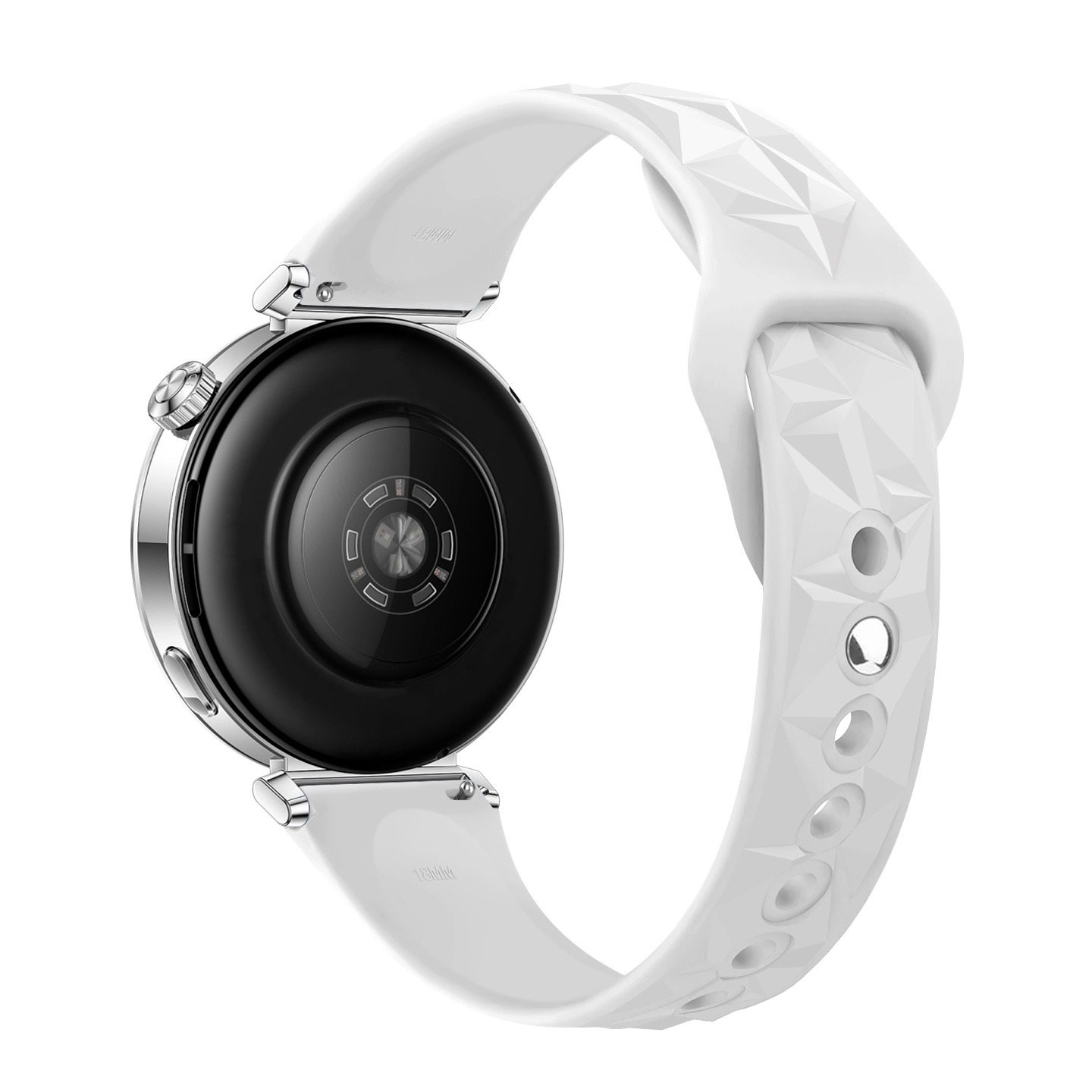 Rückseite einer weißen Smartwatch mit Silikonarmband und geometrischem Muster.