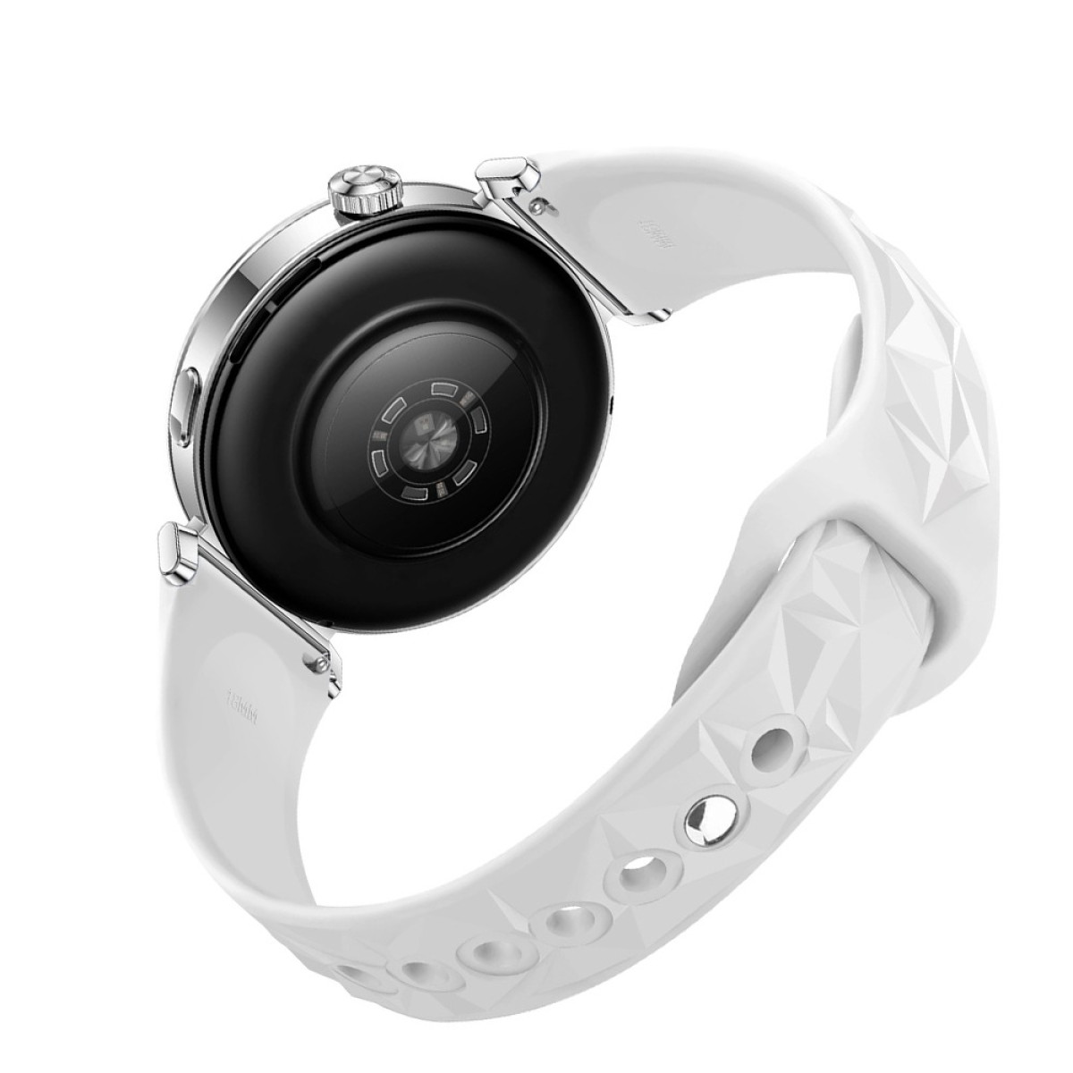 Nahaufnahme einer weißen Smartwatch mit schwarzem Rückendeckel und silbernen Knöpfen.