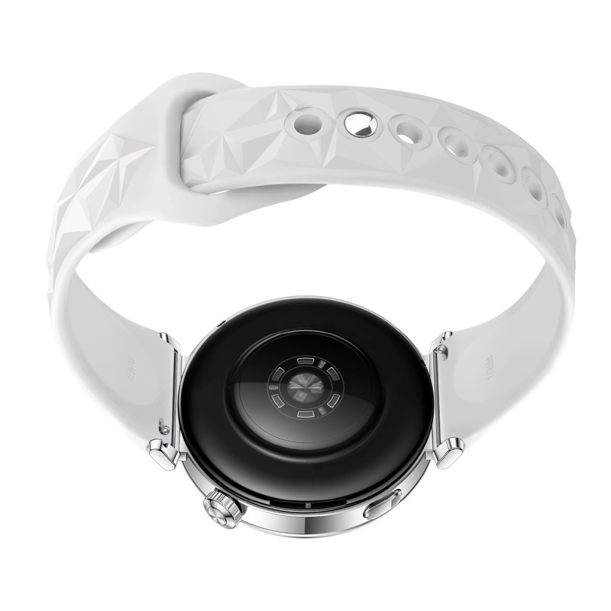 Weiße Smartwatch mit Herzfrequenzsensor auf der Rückseite und einem strukturierten Armband.