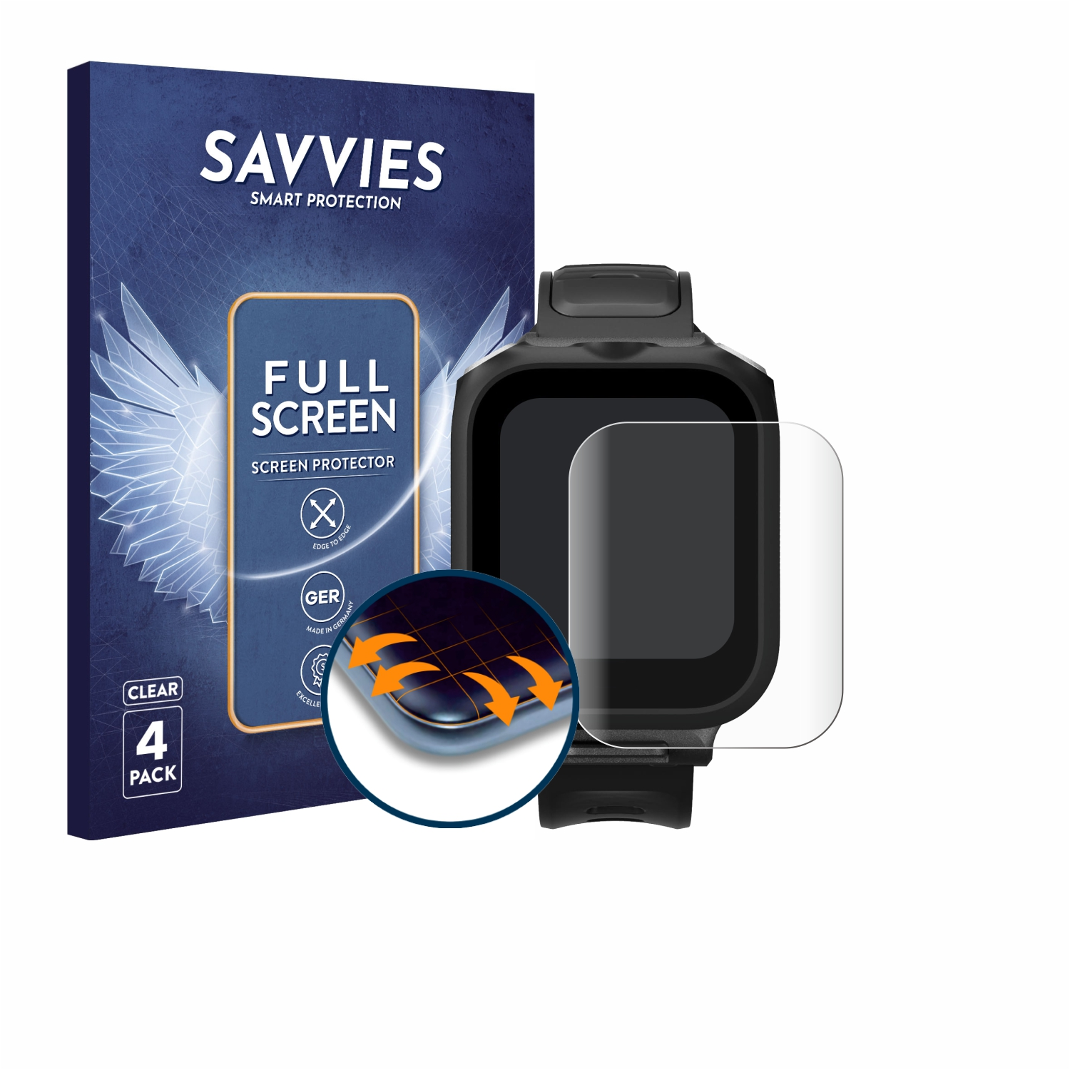 Savvies Displayschutzfolie für Smartwatches, 4er-Pack, randlos, Made in Germany.