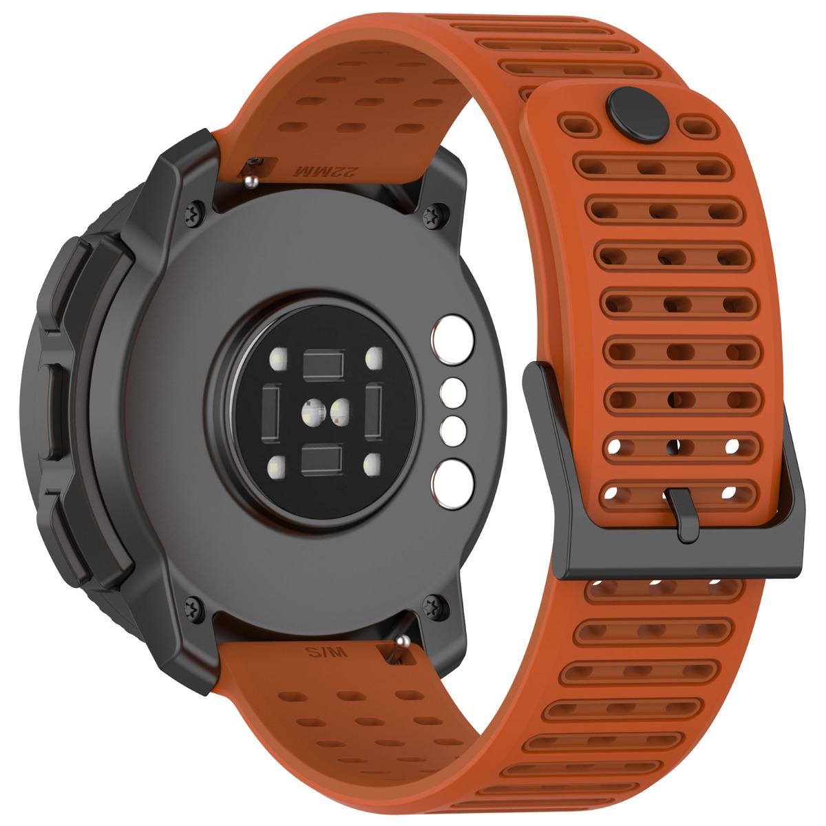 Vista posteriore di uno smartwatch con cinturino arancione e sensore di battito cardiaco.