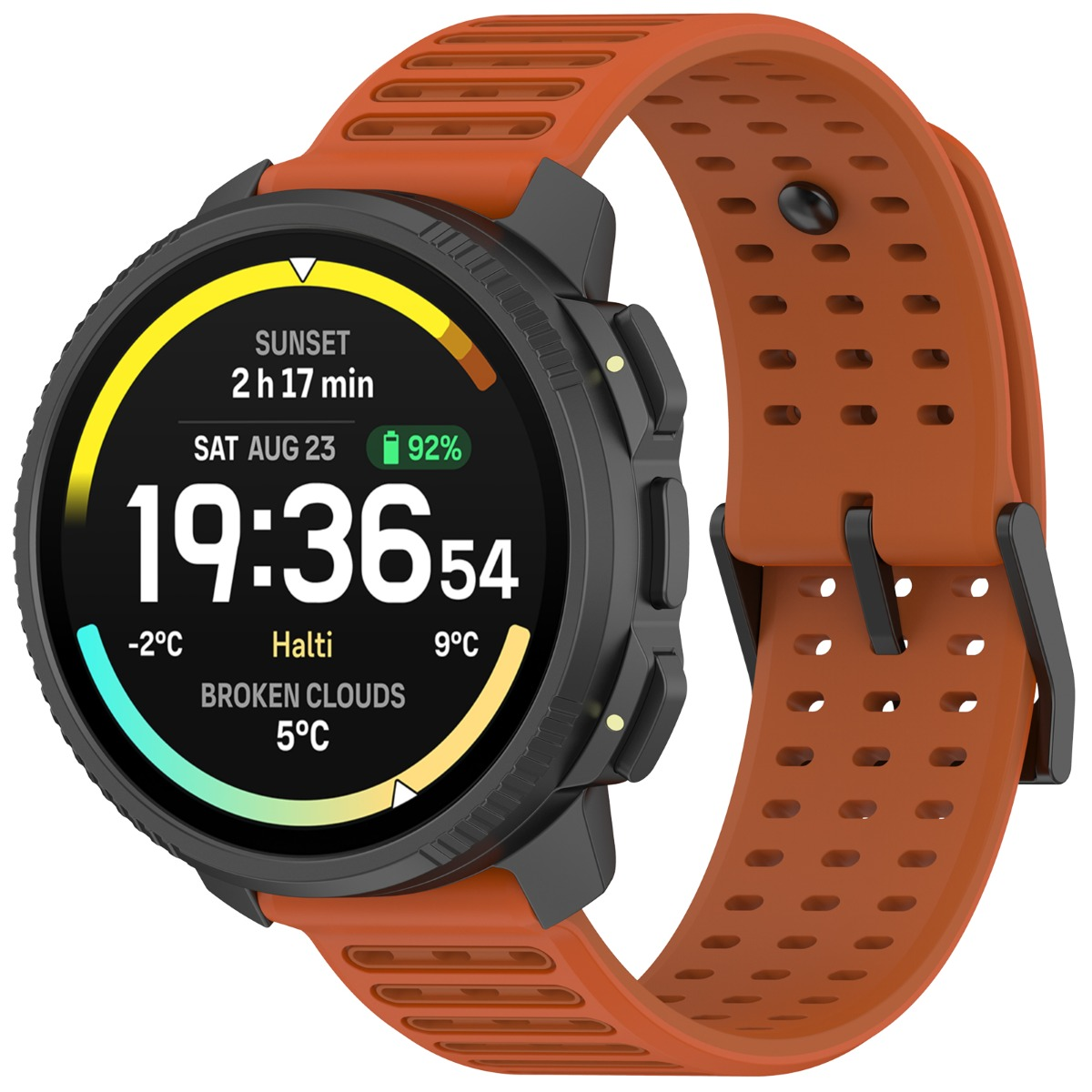 Orologio smart arancione con cassa nera e display che mostra ora, data e meteo.