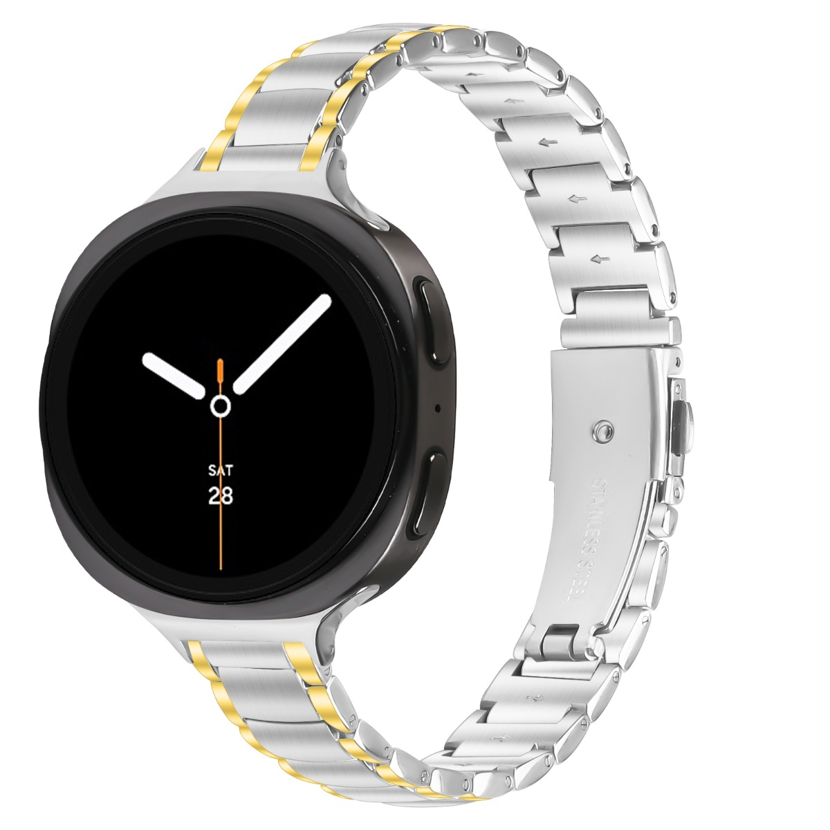Smartwatch argentato con accenti dorati e cinturino in metallo.