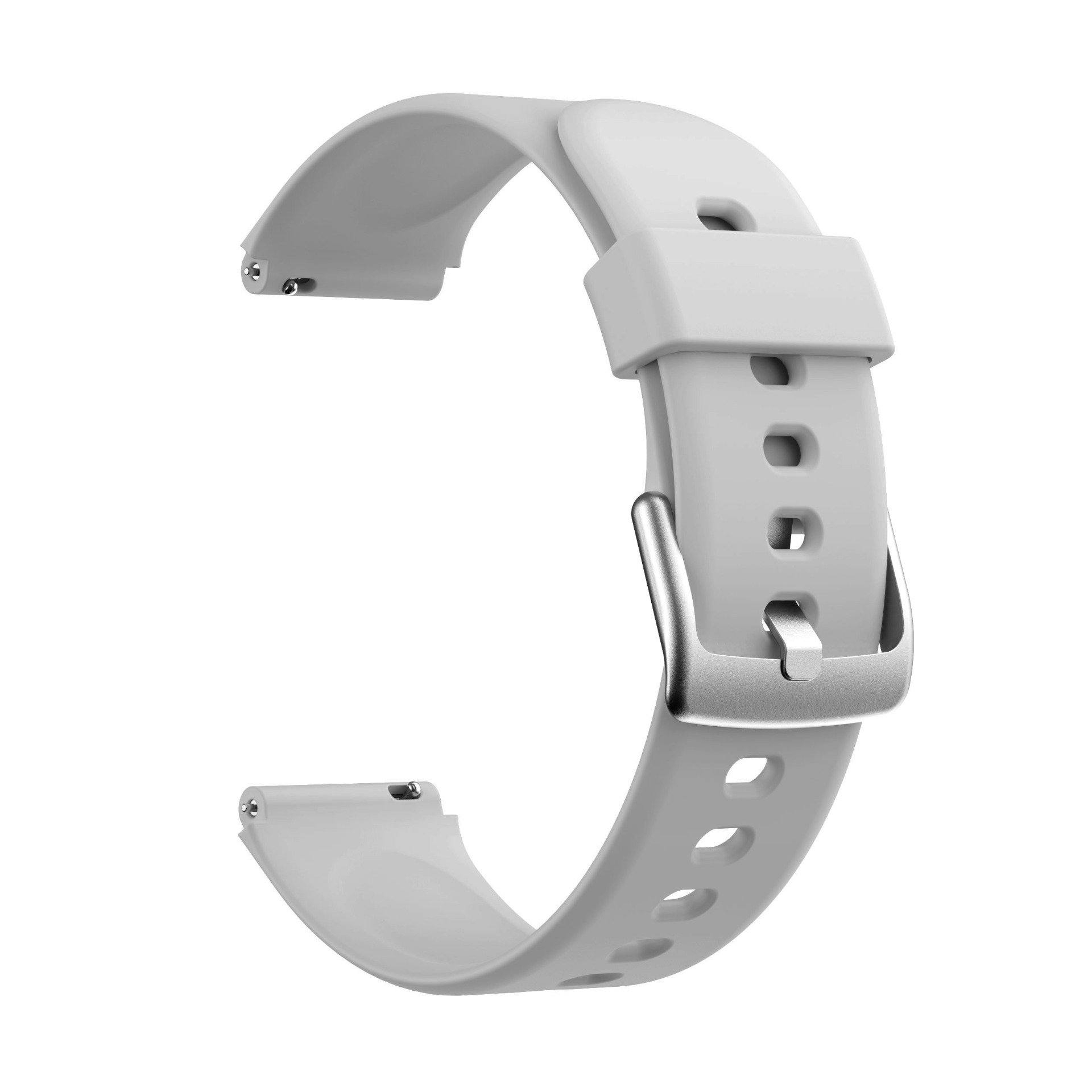 Ein hellgraues, flexibles Uhrenarmband mit Metallschnalle und ovalen Löchern.
