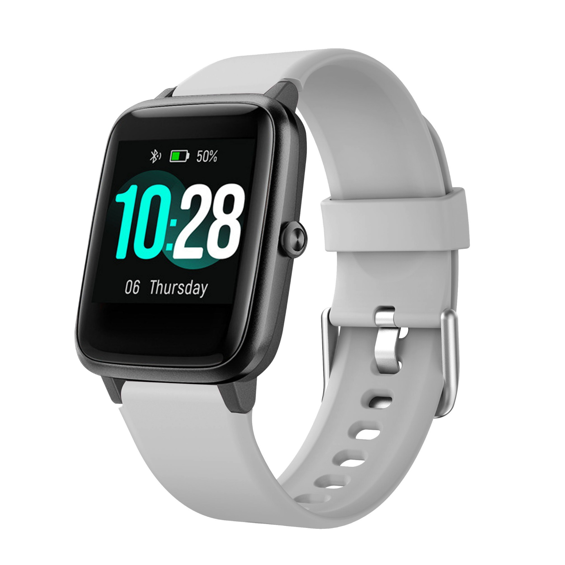Eine graue Smartwatch mit schwarzem Gehäuse und hellem Display zeigt 10:28.