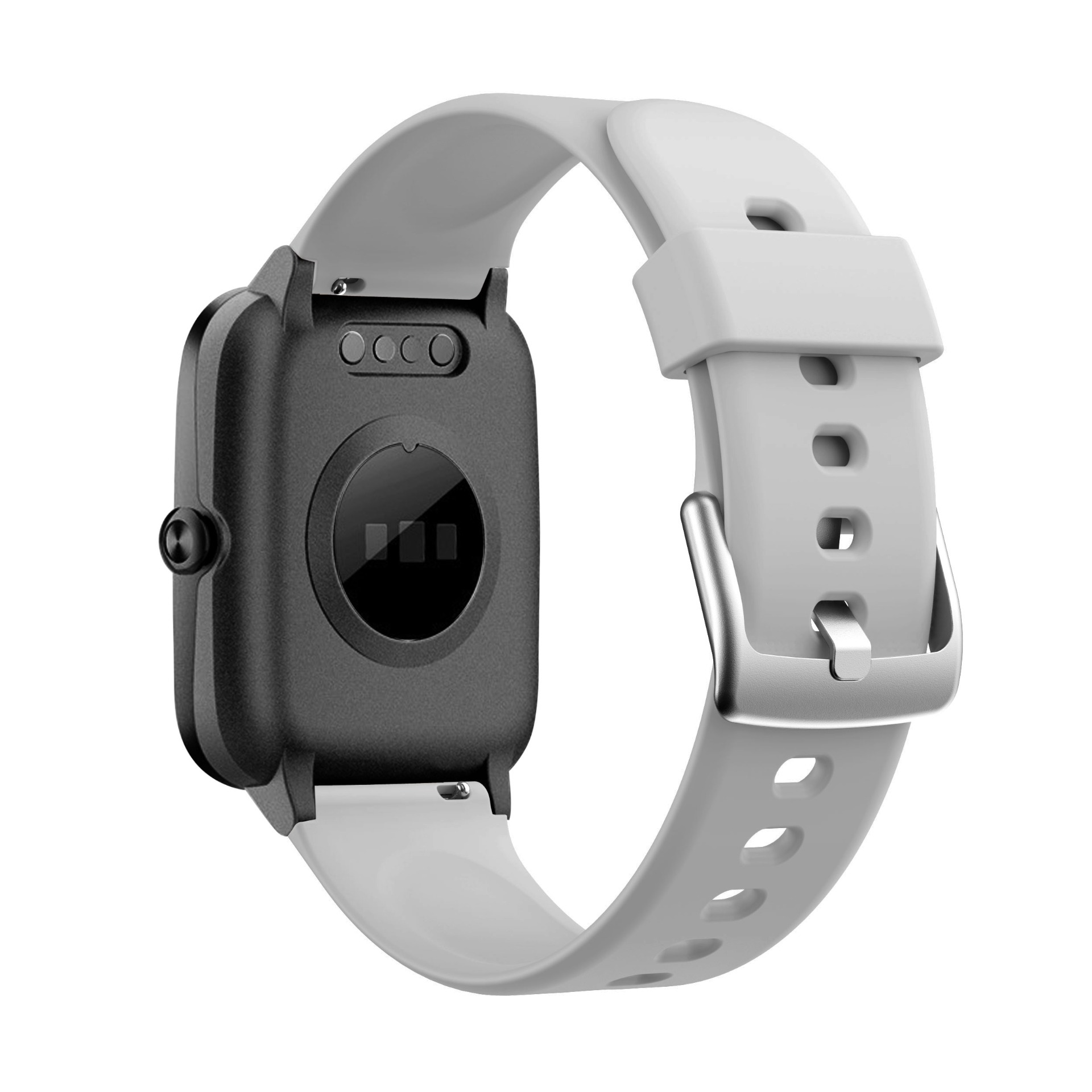 Graue Smartwatch mit schwarzem Gehäuse und Herzfrequenzsensor.