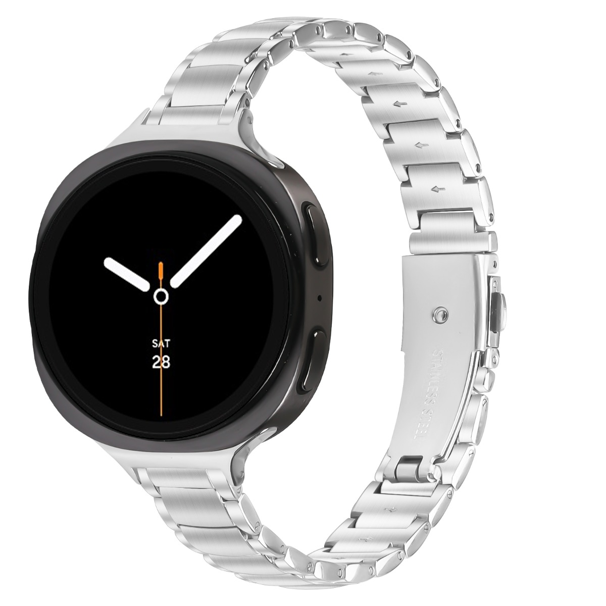 Silbernes Smartwatch mit schwarzem Zifferblatt und silbernem Metallarmband.