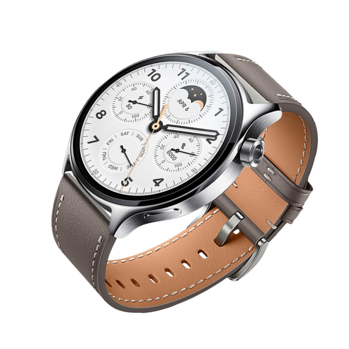 Eine Smartwatch mit weißem Zifferblatt, Mondphase und braunem Lederarmband.