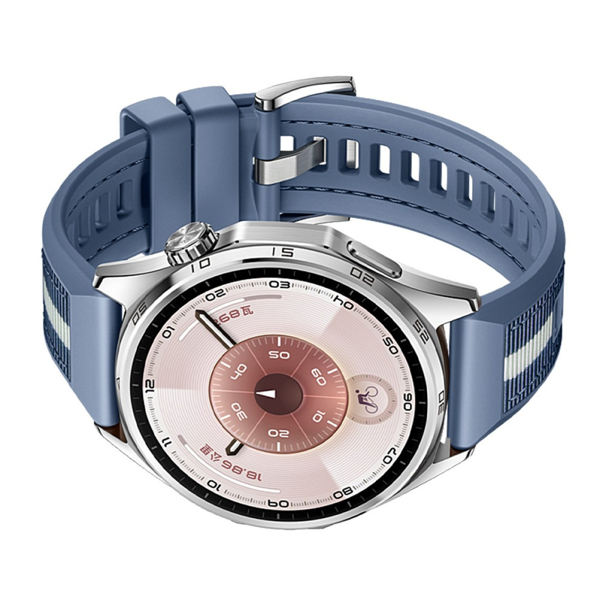 Eine blaue Smartwatch mit silbernem Gehäuse und rundem Zifferblatt.