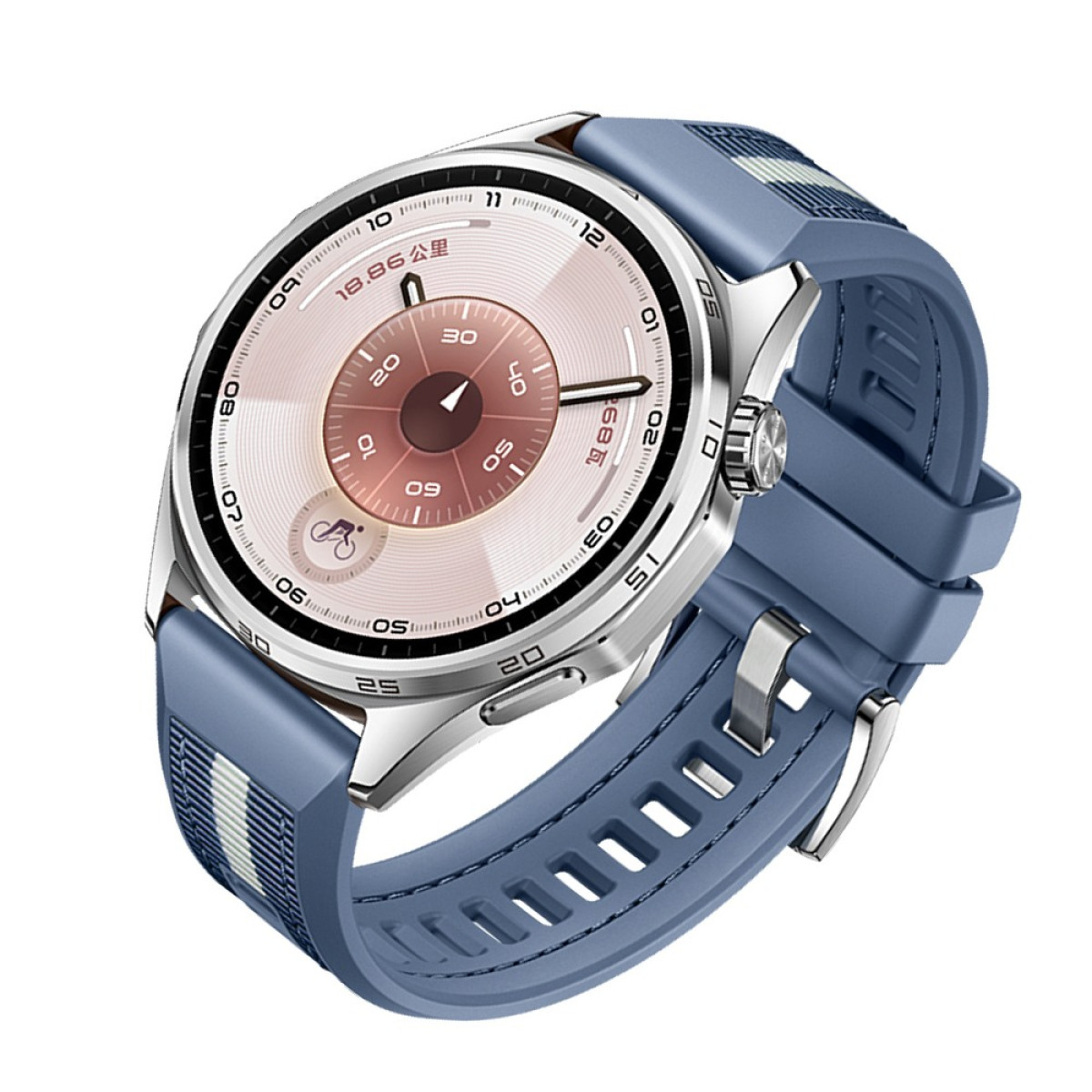 Eine blaue Smartwatch mit silberner Lünette und rundem, pink-weißem Zifferblatt.