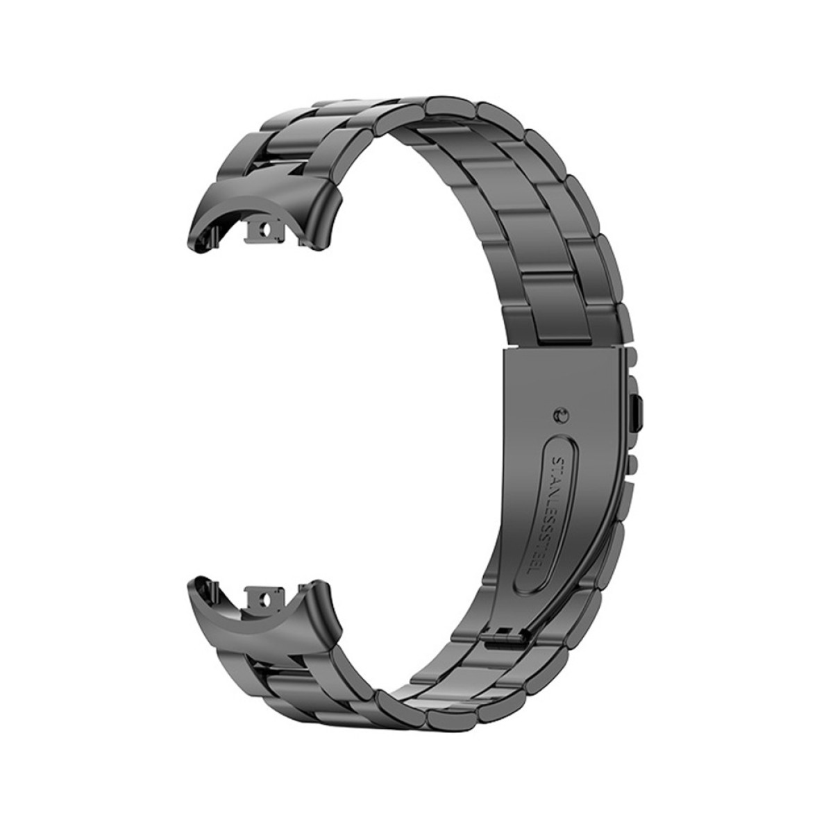 Un cinturino metallico scuro per orologio su sfondo bianco.
