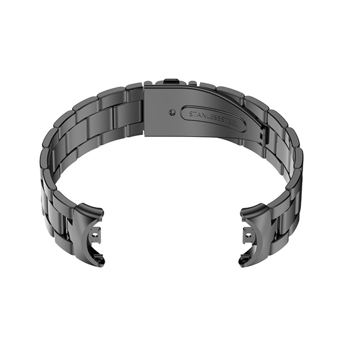 Un cinturino per orologio in metallo scuro con chiusura a fibbia.