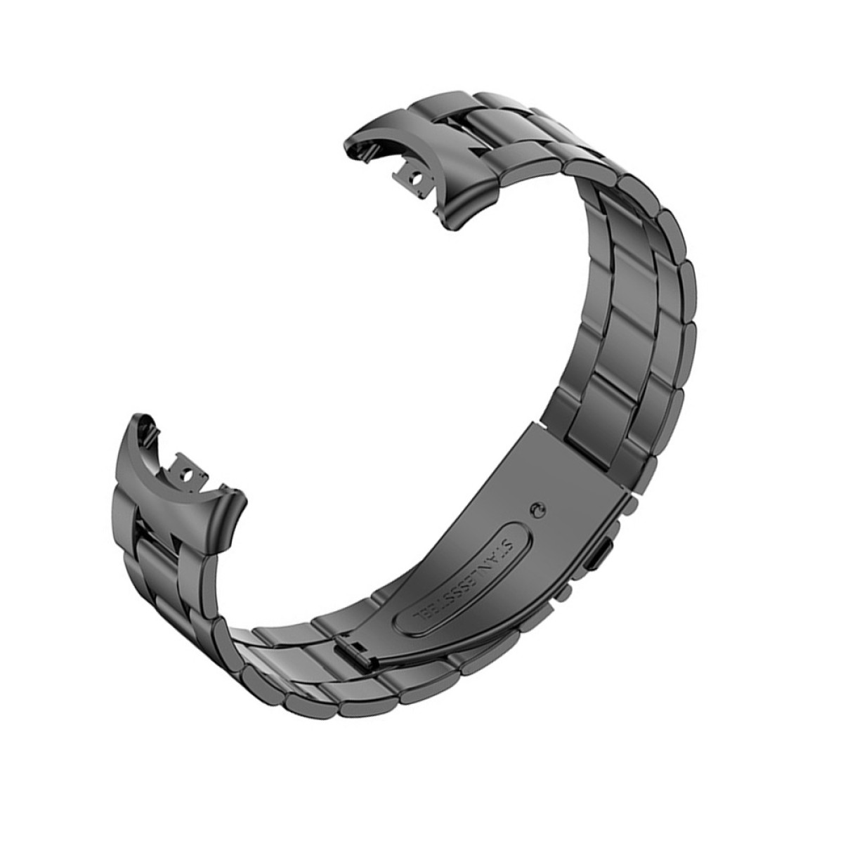 Cinturino d'orologio in acciaio inossidabile grigio scuro con maglie e chiusura.