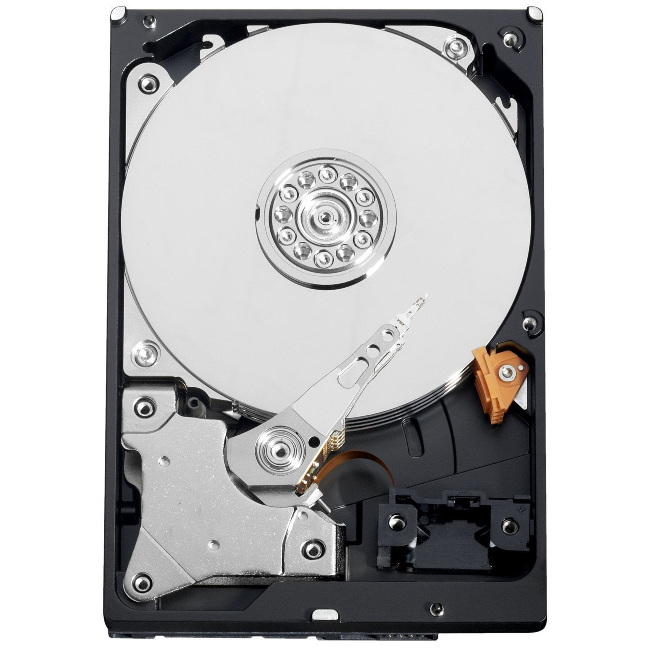Hard disk aperto che mostra piatti argentati e testina di lettura/scrittura.