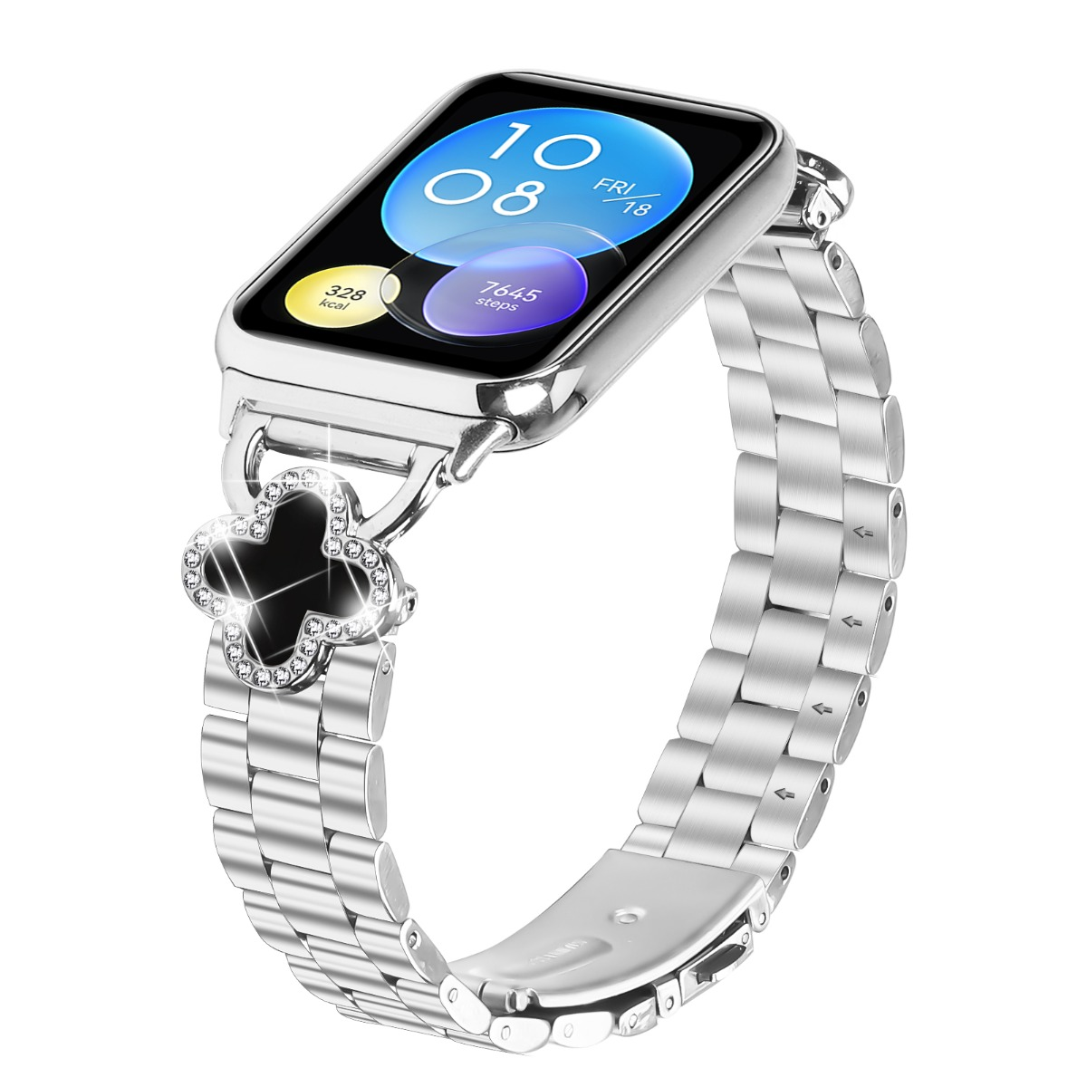 Silberne Smartwatch mit einem Zifferblatt, das Uhrzeit, Datum und Schritte anzeigt.