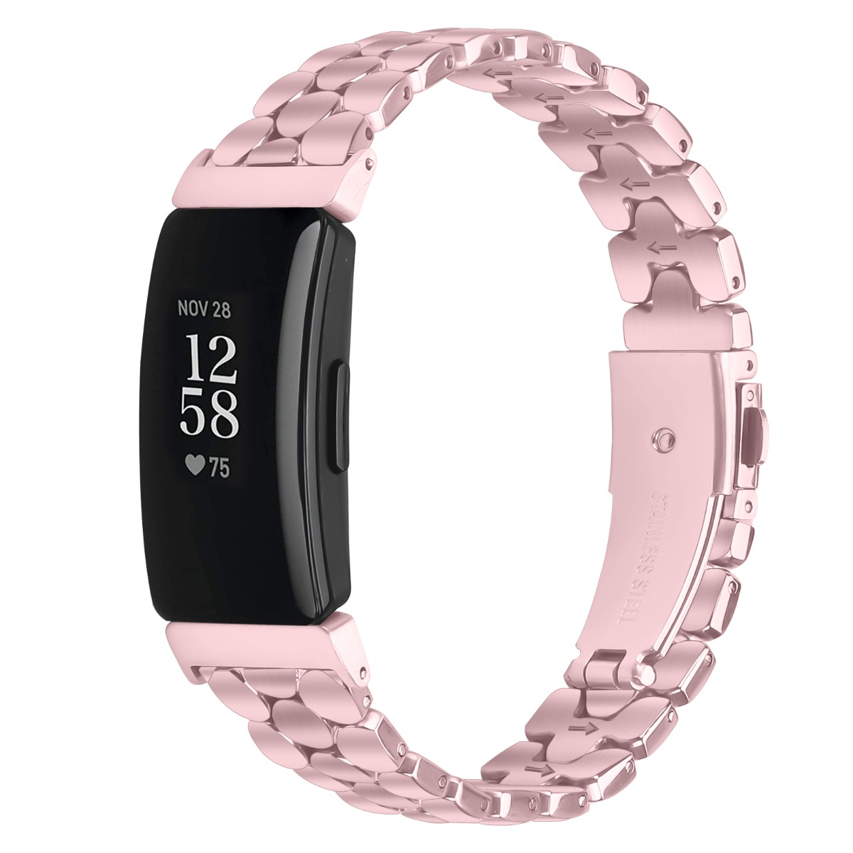 Ein roségoldenes Smartwatch-Armband aus Metall mit einem schwarzen Display.
