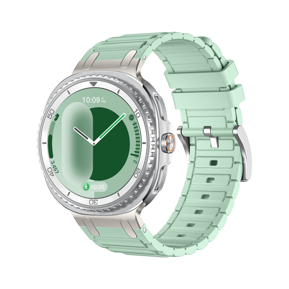 Uno smartwatch verde chiaro con cassa e quadrante argentati.