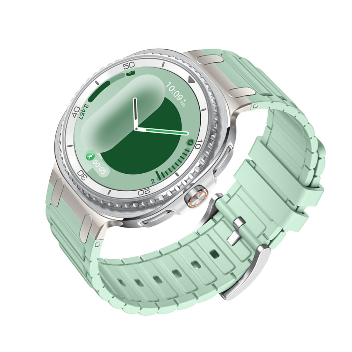 Uno smartwatch verde chiaro con cassa argentata e display digitale.