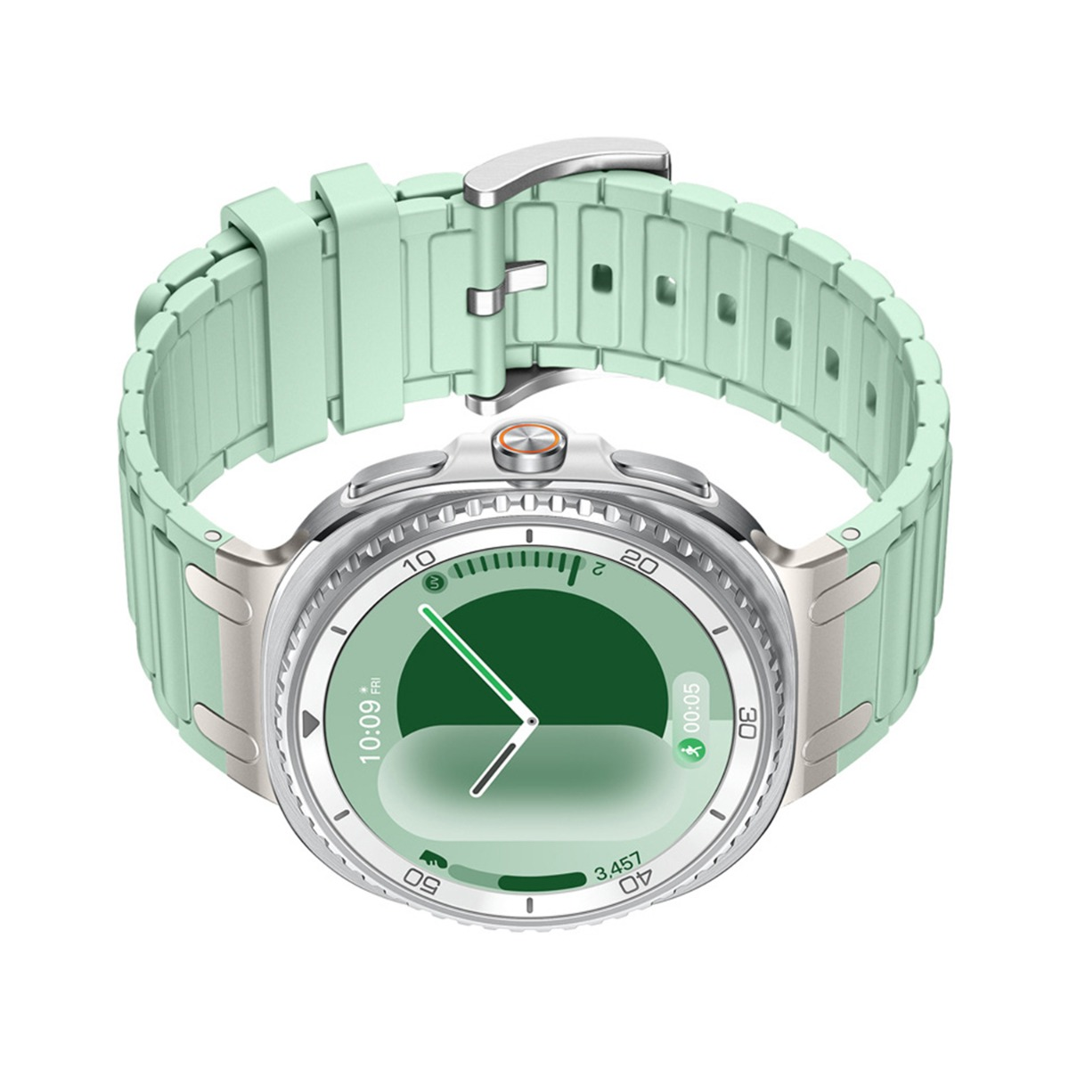 Uno smartwatch verde menta con cassa e cinturino argentati.