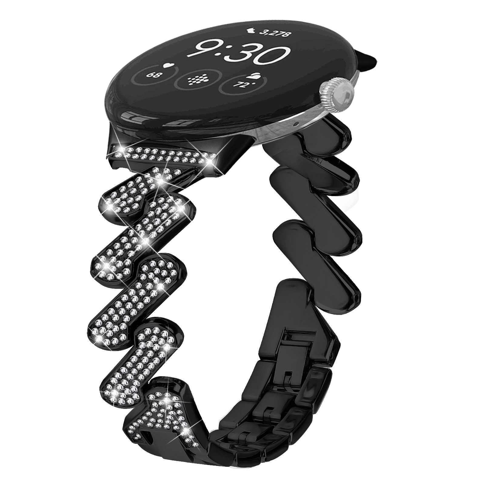 Uno smartwatch nero con pietre scintillanti su parte del cinturino.