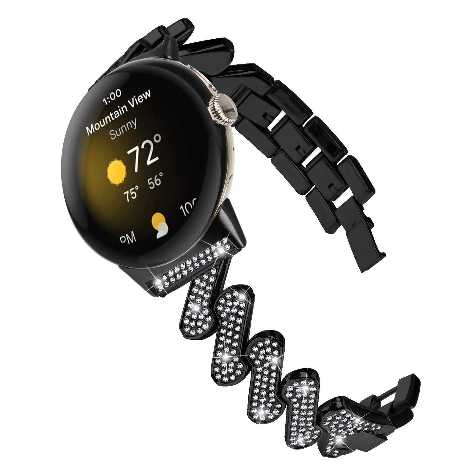 Uno smartwatch nero con cinturino scintillante e tempestato di gioielli.