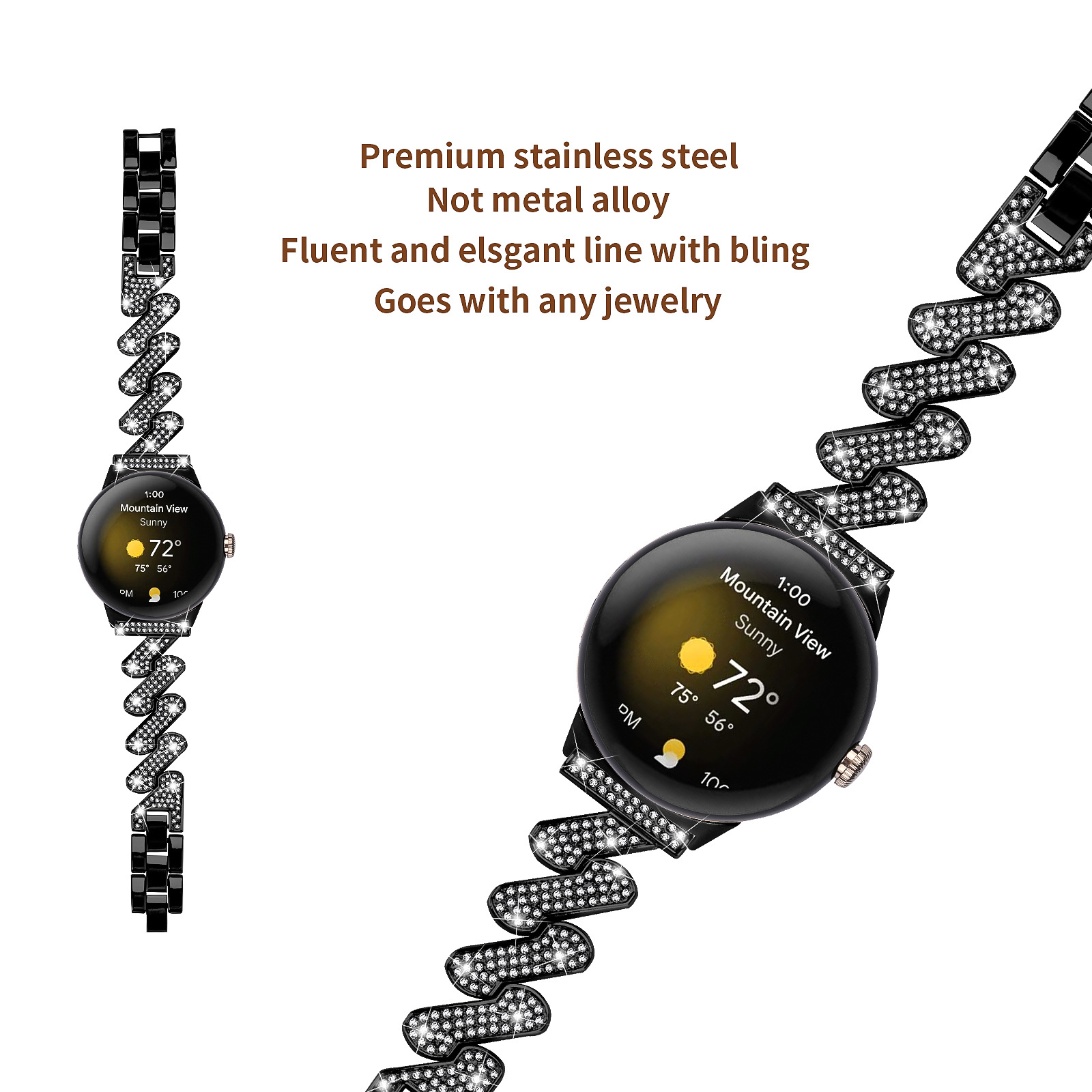 Bracciale nero con pietre scintillanti e smartwatch in orizzontale.